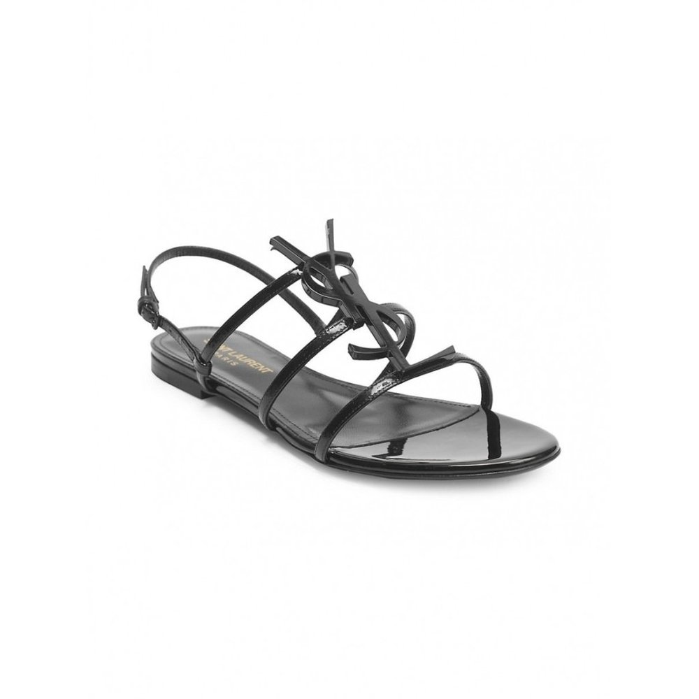 SAINT LAURENT Cassandre YSL Logo Flat Patent Leather Sandals